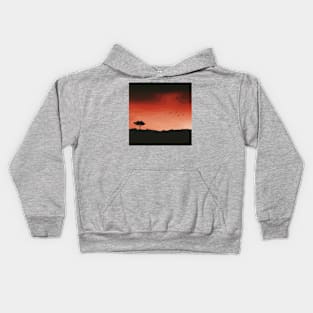 Flock of Birds and Tree Silhouette Against a Sunset, Landscape Digital Illustration Kids Hoodie